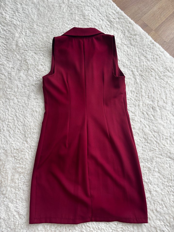 Bordo V Yaka Kolsuz Kalem ceket Elbise - Görsel 2