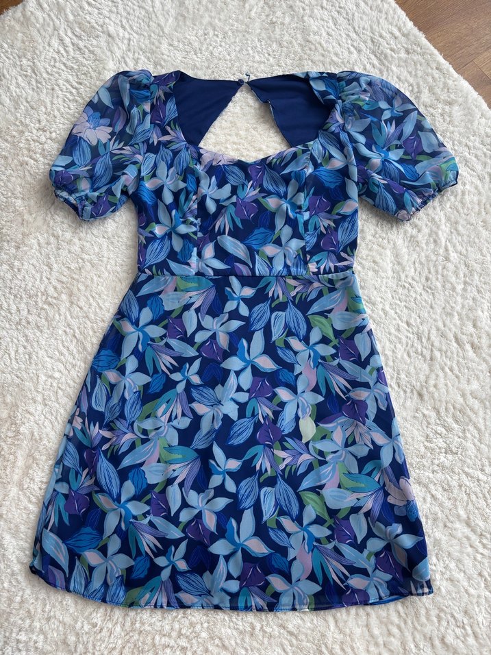 Mavi çiçekli Mini Elbise - Görsel 3