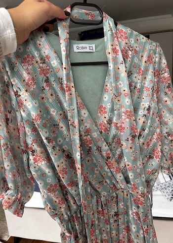 Çiçek Desenli su yeşili  Bohem Kadın mini elbise - Görsel 3