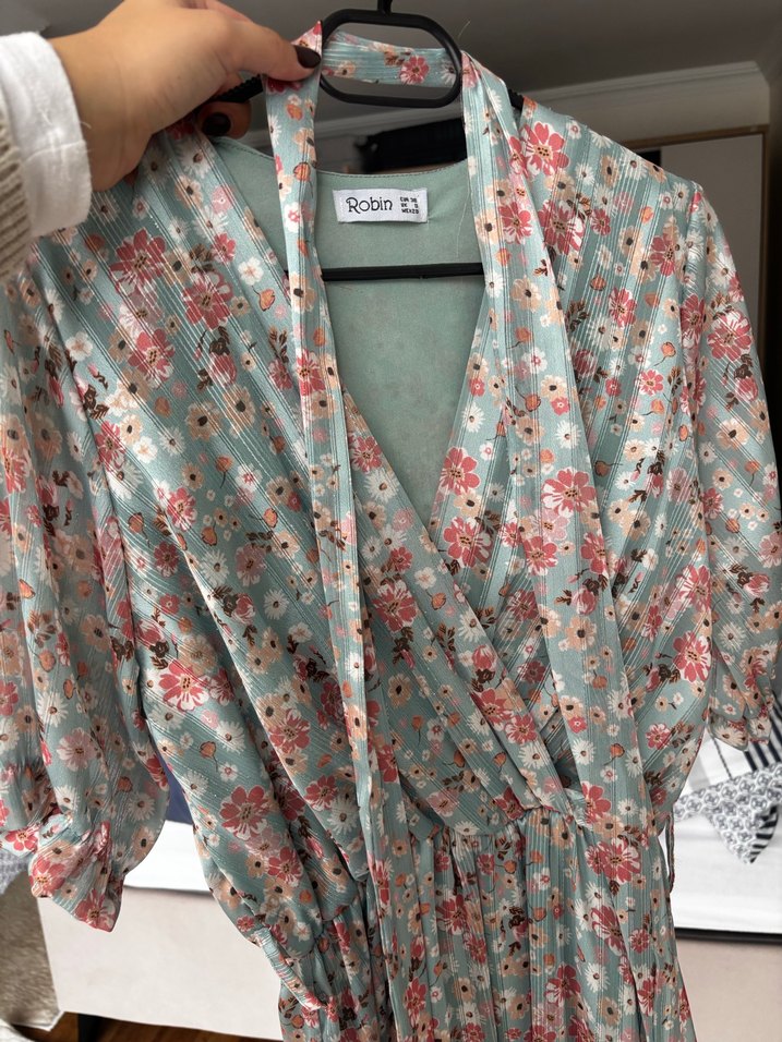 Çiçek Desenli su yeşili  Bohem Kadın mini elbise - Görsel 3