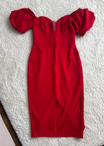 Kırmızı göğüs dekolteli  Midi Kalem Elbise - Görsel 3