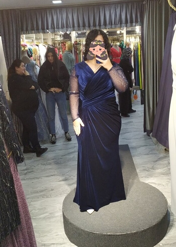 Lacivert Kadife elbise  - Görsel 2