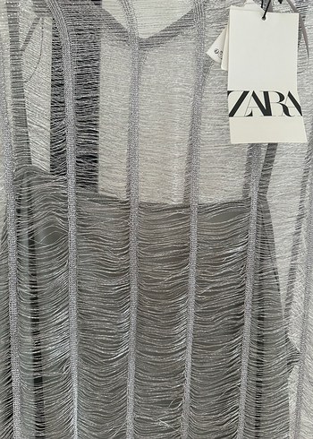 s Beden gri Renk Zara Gri Transparan Uzun Elbise