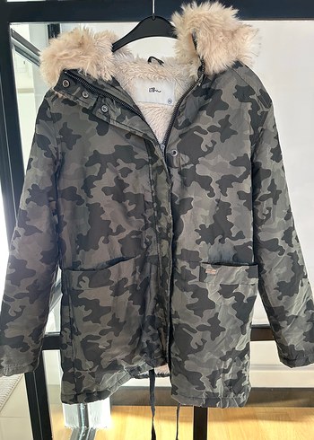 LTB Gri Kamuflaj Desenli Peluş Kadın Kış Montu