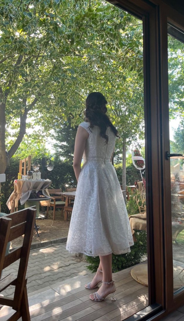 Vintage Beyaz Midi A-Line Düğün Elbisesi - Görsel 2