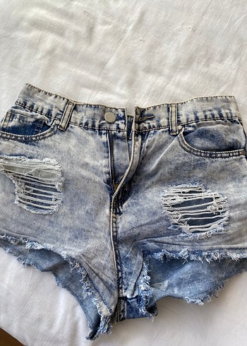 Düğmeli Gri Mavi Batik Desenli Kadın Kot Şort - Görsel 3