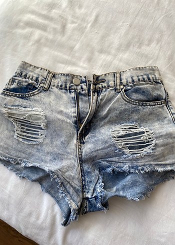 Düğmeli Gri Mavi Batik Desenli Kadın Kot Şort - Görsel 2