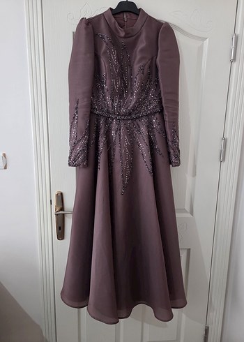 Kadın Mor Uzun Kollu Nakışlı Abiye Elbise - Görsel 6