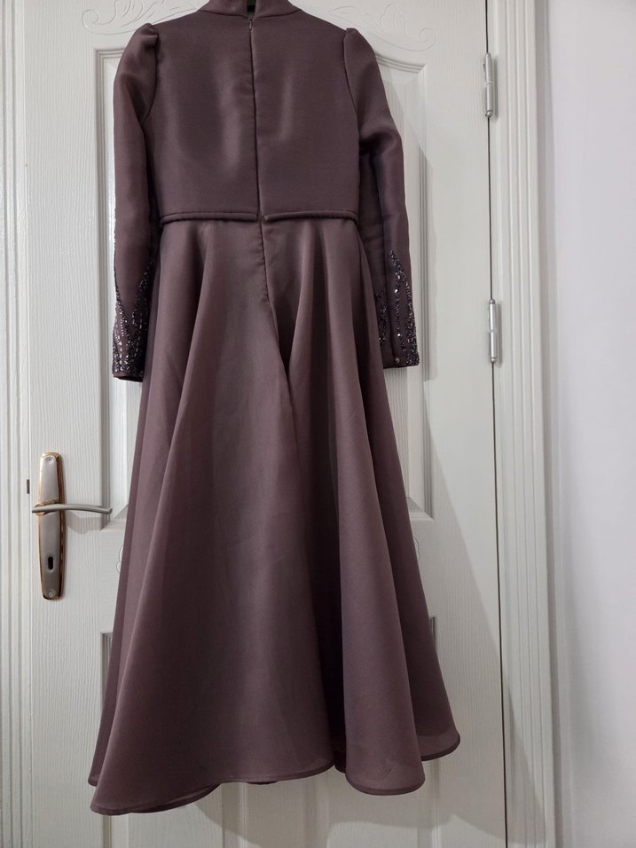 Kadın Mor Uzun Kollu Nakışlı Abiye Elbise - Görsel 4