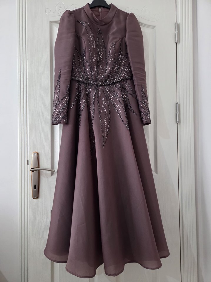 Kadın Mor Uzun Kollu Nakışlı Abiye Elbise - Görsel 2