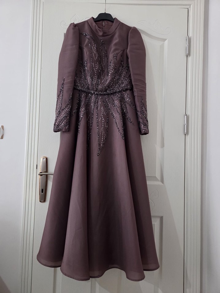 Kadın Mor Uzun Kollu Nakışlı Abiye Elbise - Görsel 3