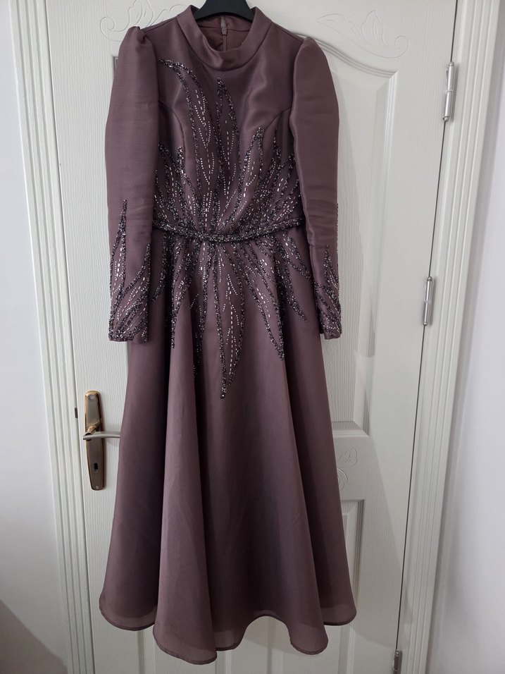 Kadın Mor Uzun Kollu Nakışlı Abiye Elbise - Görsel 5