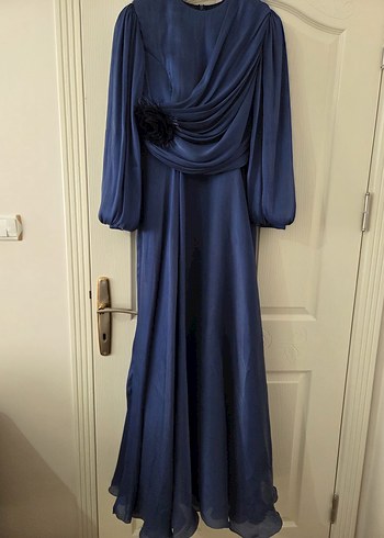 Drapeli Lacivert Uzun Abiye Elbise - Görsel 4