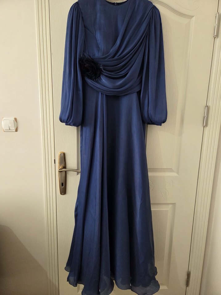 Drapeli Lacivert Uzun Abiye Elbise - Görsel 4