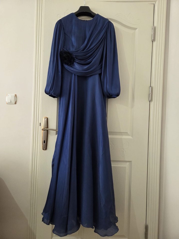 Drapeli Lacivert Uzun Abiye Elbise - Görsel 2