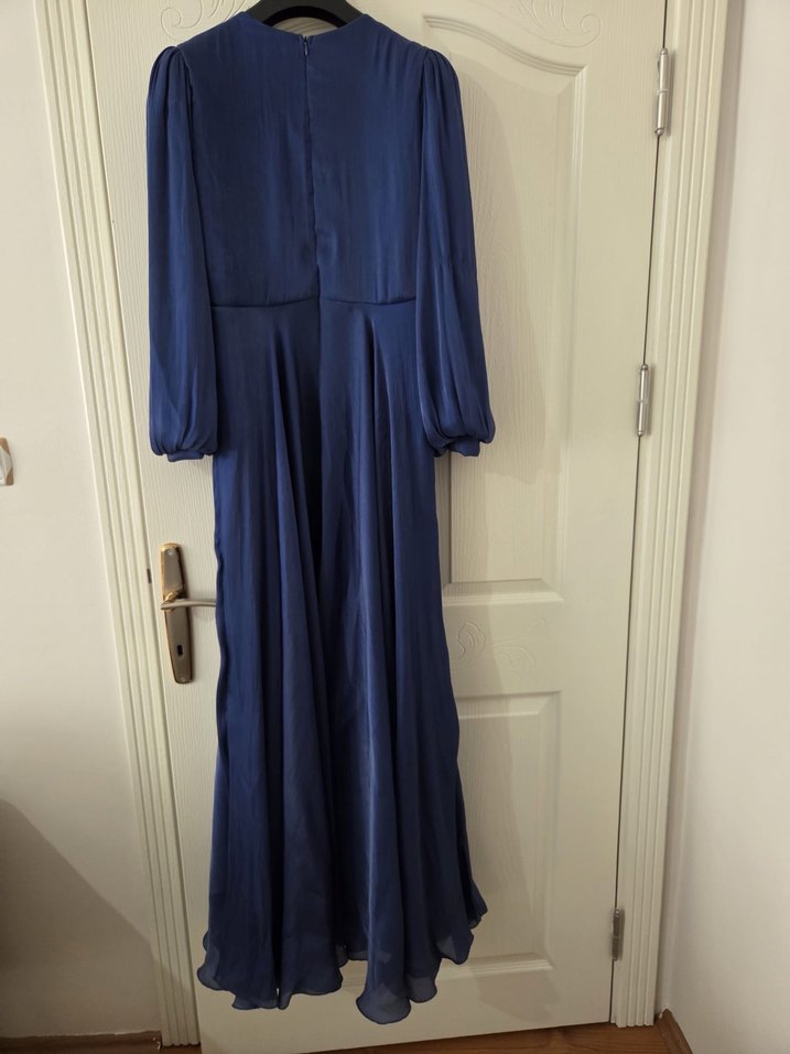 Drapeli Lacivert Uzun Abiye Elbise - Görsel 5