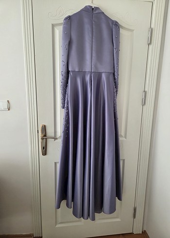 Uzun Kollu Yüksek Yakalı Mor Abiye Elbise - Görsel 6