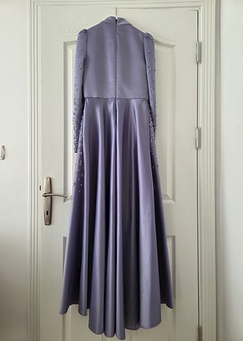 Uzun Kollu Yüksek Yakalı Mor Abiye Elbise - Görsel 7