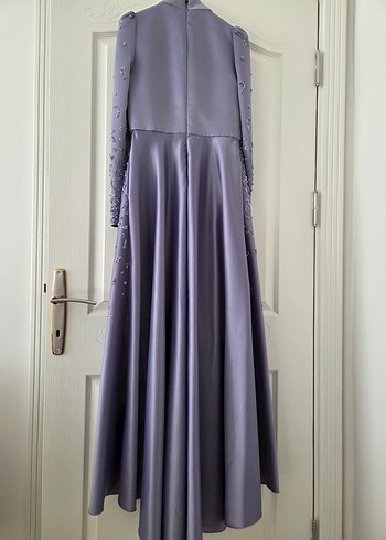 Uzun Kollu Yüksek Yakalı Mor Abiye Elbise - Görsel 5