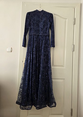 Lacivert Uzun Kollu Drapeli Vintage Abiye Elbise - Görsel 3