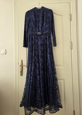 Lacivert Uzun Kollu Drapeli Vintage Abiye Elbise - Görsel 4