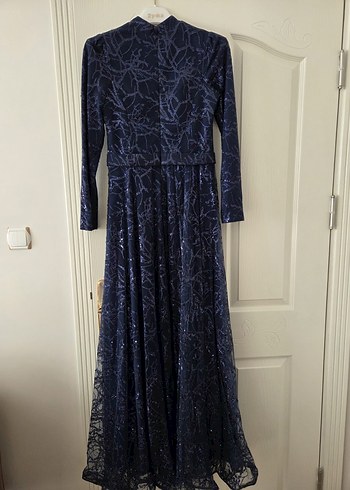 Lacivert Uzun Kollu Drapeli Vintage Abiye Elbise - Görsel 7