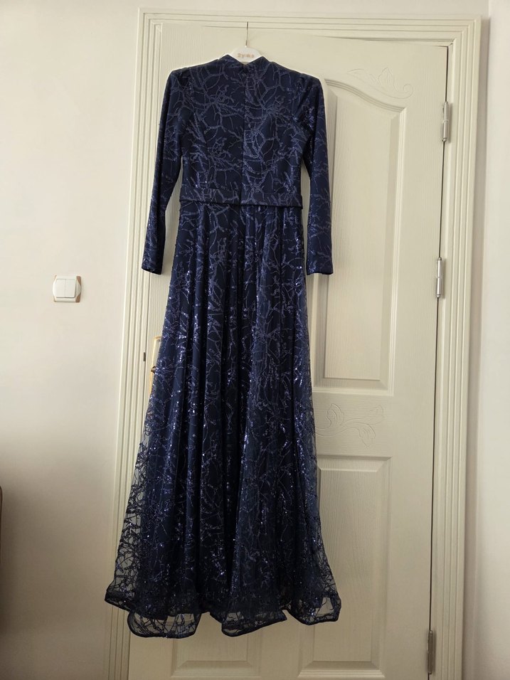 Lacivert Uzun Kollu Drapeli Vintage Abiye Elbise - Görsel 3