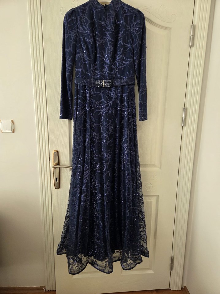 Lacivert Uzun Kollu Drapeli Vintage Abiye Elbise - Görsel 5