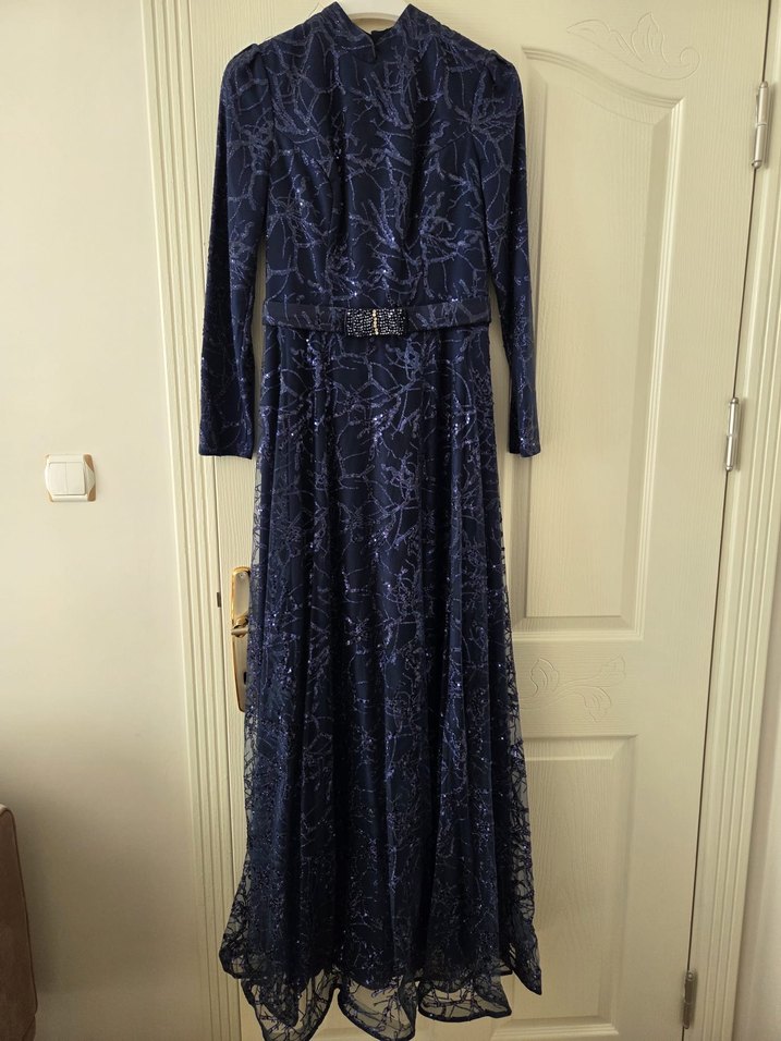 Lacivert Uzun Kollu Drapeli Vintage Abiye Elbise - Görsel 2