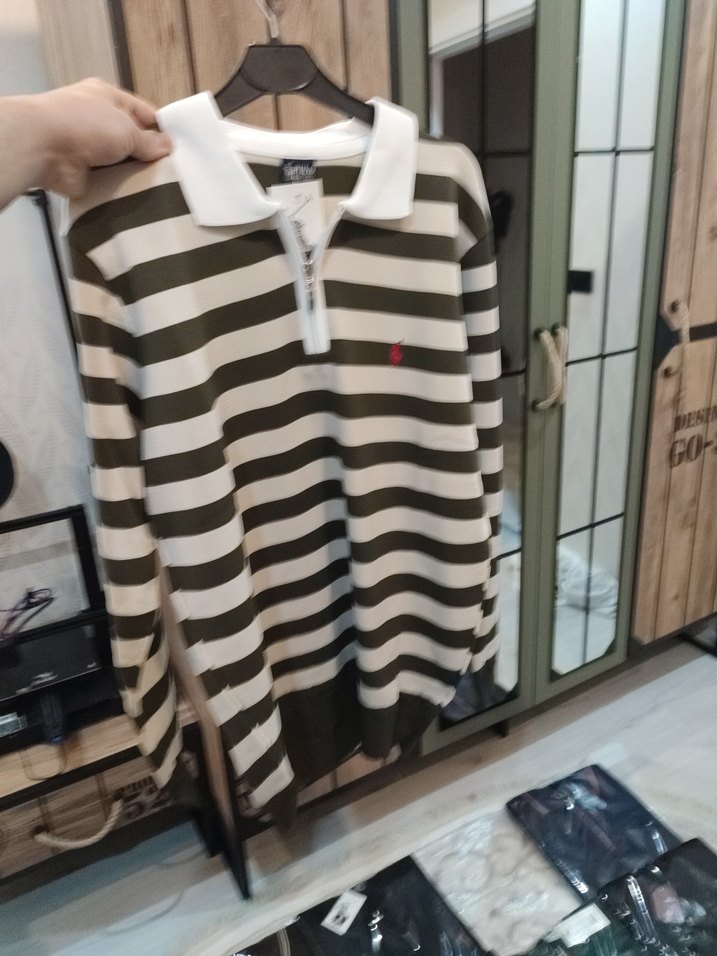 Gri Çizgili Polo Yaka Erkek Tişört - Görsel 5