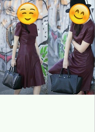 xs Beden çeşitli Renk Zara Burgundy Faux Leather Dress