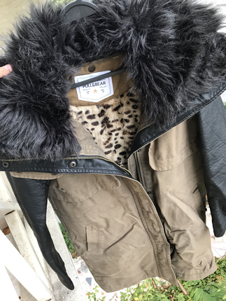 m Beden haki Renk Pull&Bear; Leather Sleeve Leopard Parka