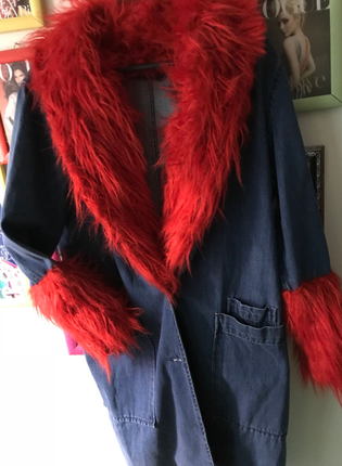 s Beden P&B Red Fur Denim Jacket