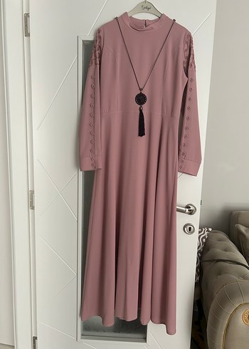 Pembe Uzun Bohem Yüksek Yakalı Elbise