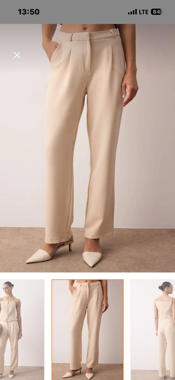 Taş Düz Kesim Geniş Paça Pileli Dokuma Kumaş Pantolon - Görsel 2