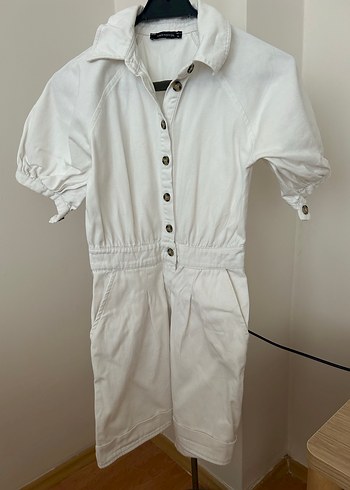 Düğmeli Kısa Kollu Beyaz Kadın Tulum - Görsel 2