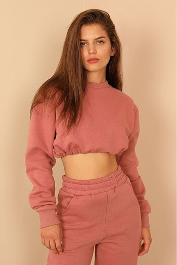 Kaktüs Moda Şardonlu 3 İplik Kumaş Sweatshirt Pembe