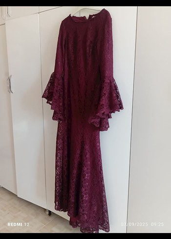 38 Beden Bordo Dantel Detaylı Uzun Abiye Elbise