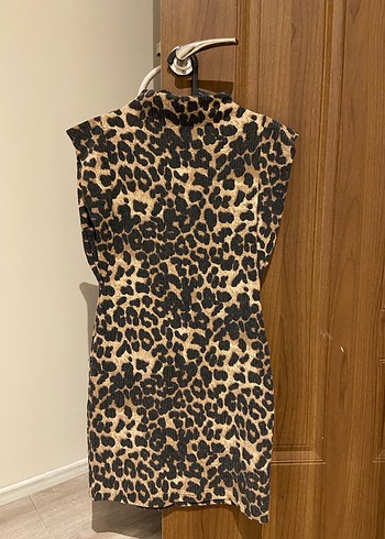 Kahverengi Leopar Desenli Balıkçı Yaka Elbise - Görsel 4