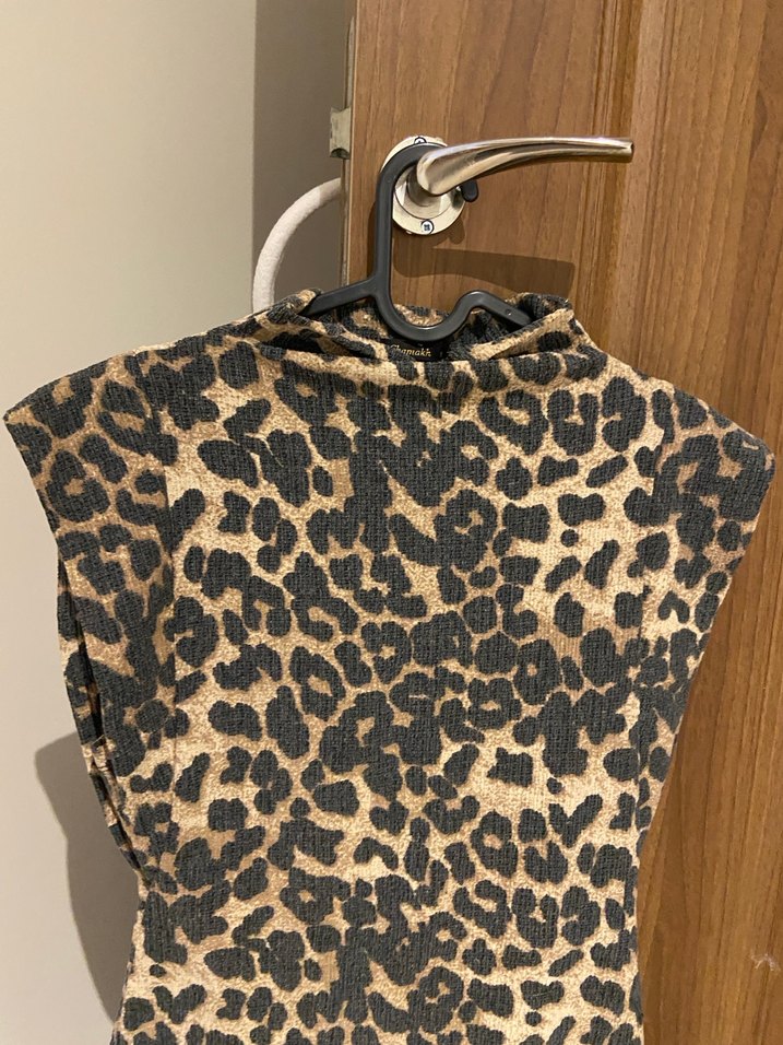 Kahverengi Leopar Desenli Balıkçı Yaka Elbise - Görsel 3