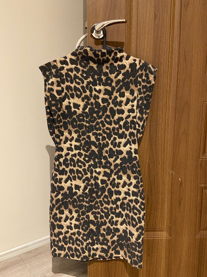 Kahverengi Leopar Desenli Balıkçı Yaka Elbise - Görsel 4