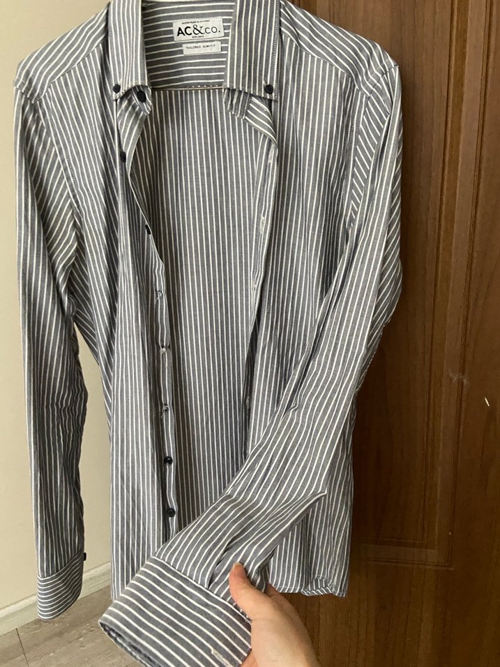 Gri Çizgili Keten Erkek Gömlek - Görsel 2