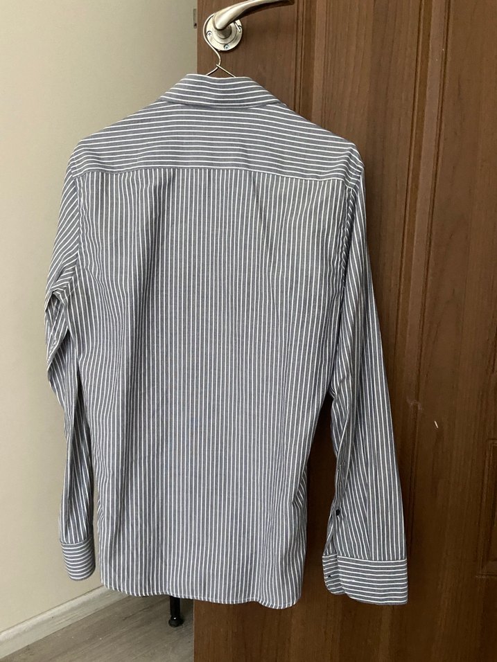 Gri Çizgili Keten Erkek Gömlek - Görsel 5