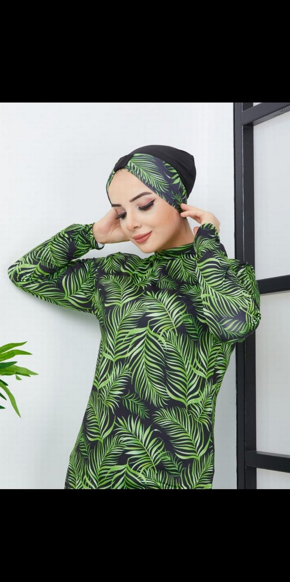 Yeşil Yaprak Desenli tesettür hasema - Görsel 2