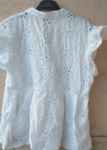 42 Beden Dantel Detaylı Beyaz Kısa Kollu Bohem Bluz