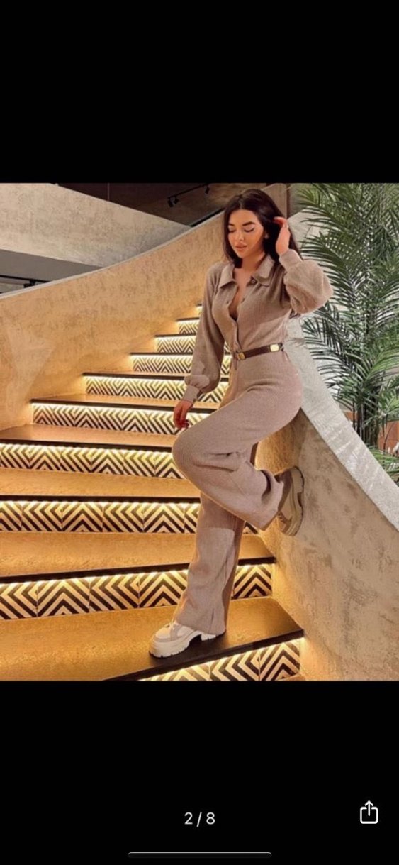 Bej Kadın Triko V Yaka Tulum - Görsel 3