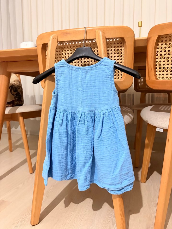 Kız Çocuk Mavi Keten Salaş Elbise - Görsel 2