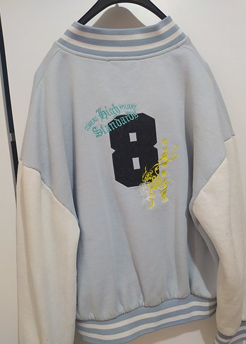 açık mavi baskılı kolej bomber Ceket - Görsel 3