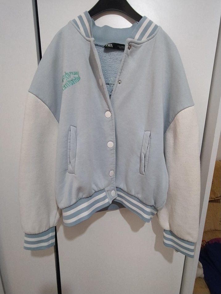 açık mavi baskılı kolej bomber Ceket - Görsel 2