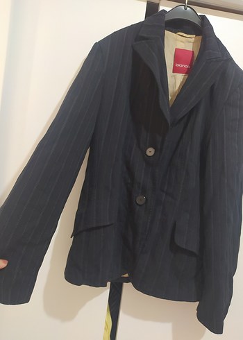 Düğmeli koyu lacivert Keten Ceket - Görsel 2